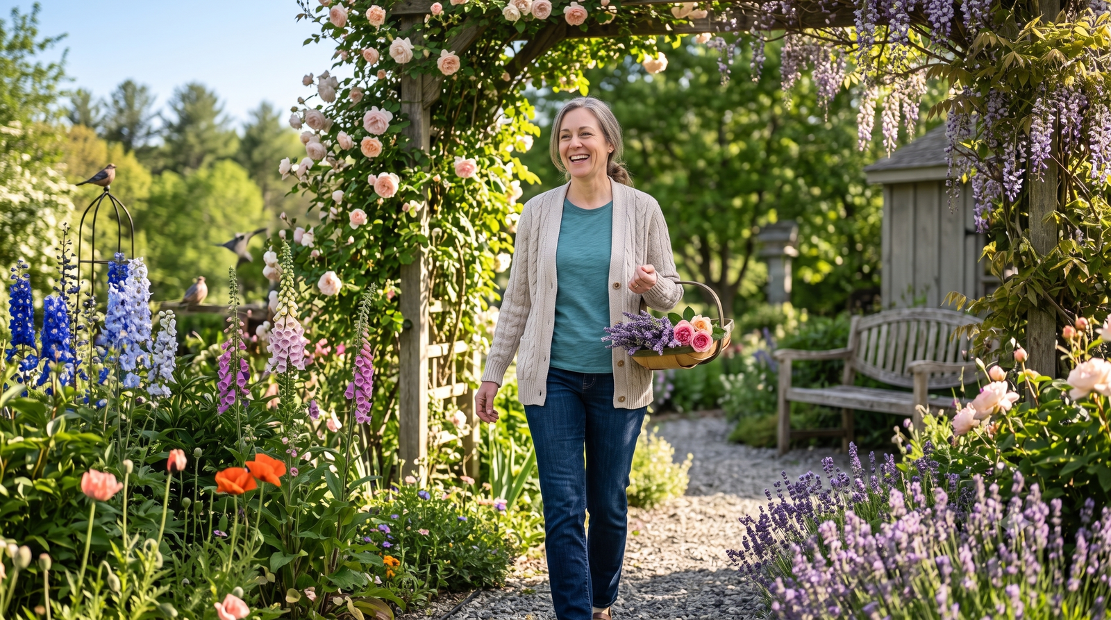 Woman walking through the woods, smiling, feeling lighter and more at ease